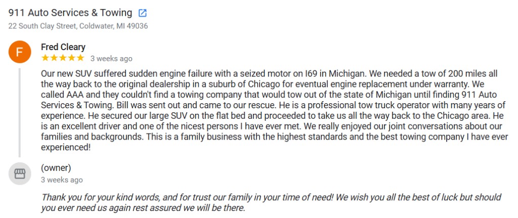 Google review screenshot from Fred Cleary for 911 Auto Services and Towing