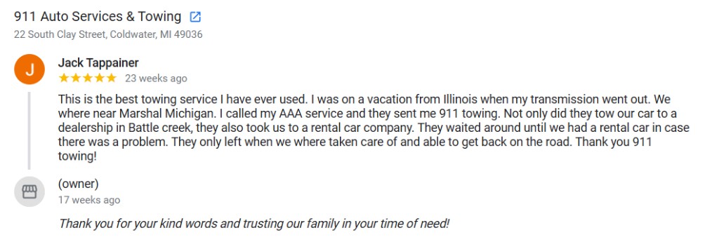 Google review screenshot from Jack Tappainer for 911 Auto Services and Towing