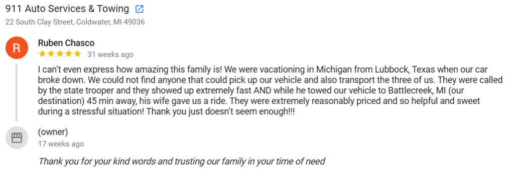 Google review screenshot from Ruben Chasco for 911 Auto Services and Towing